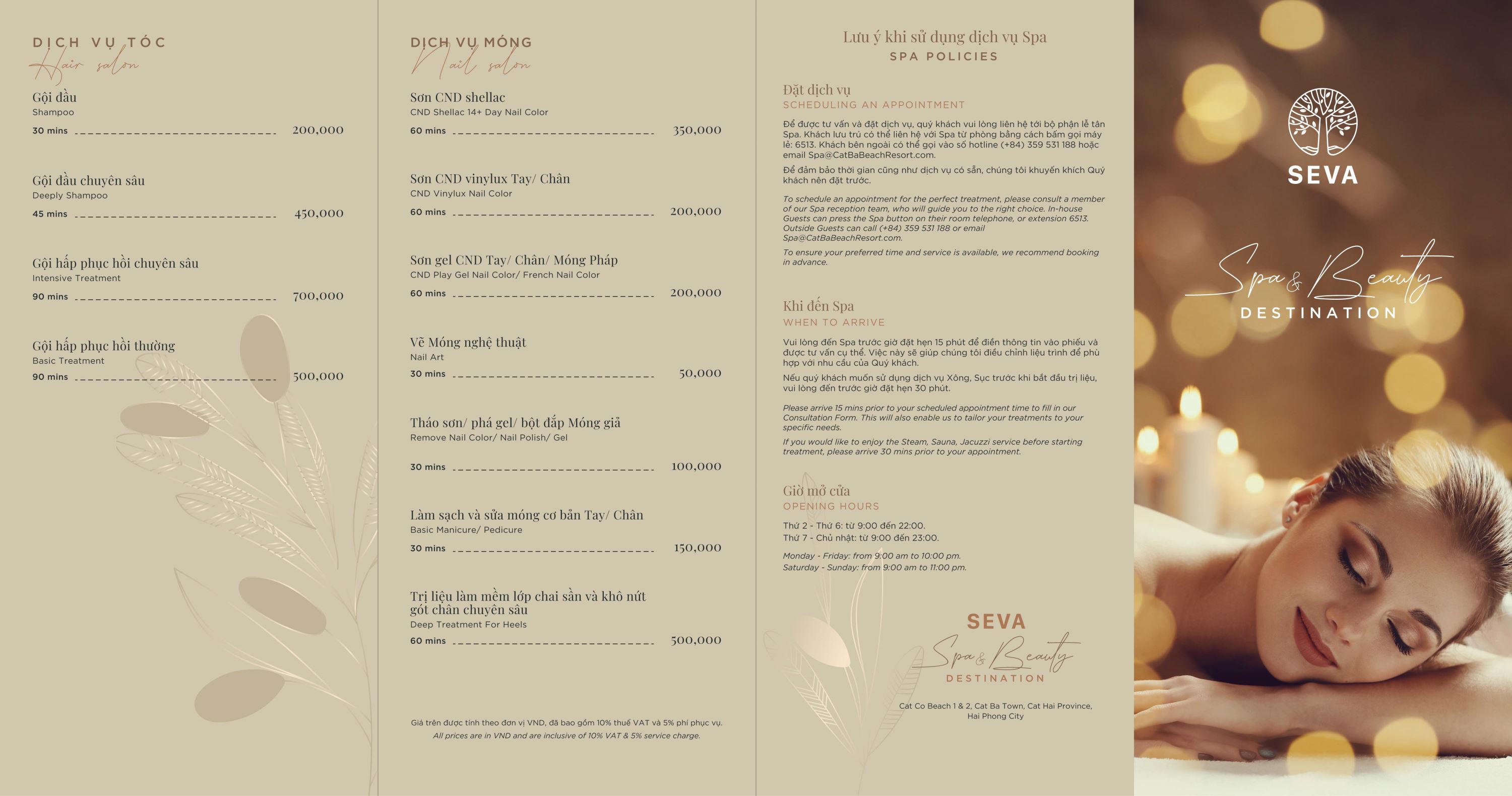 Bảng giá Seva Spa – Flamingo Cát Bà Bảng giá Seva Spa – Flamingo Cát Bà