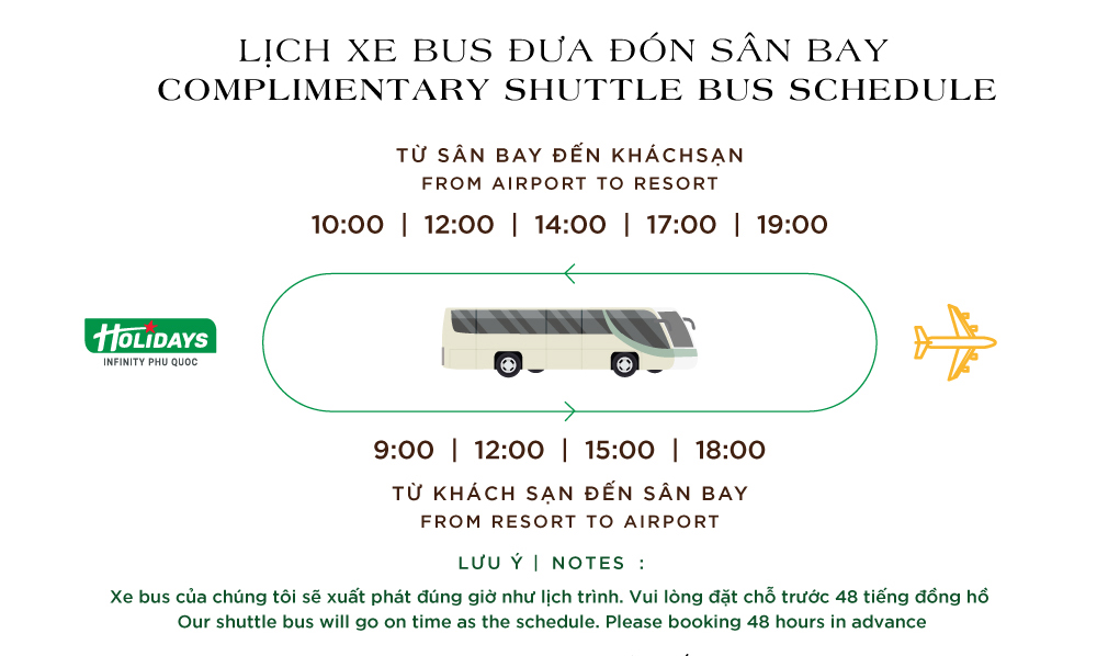 Lịch trình xe đón tiễn sân bay của khách sạn Holidays Infinity Phú Quốc